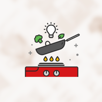 Illustration of a frying pan on a red stove with flames, vegetables, and a light bulb above.